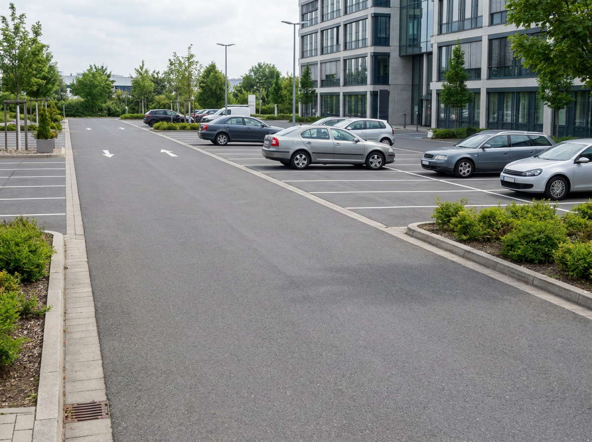 Gepflegte Parkfläche mit markierten Stellplätzen und Zufahrt