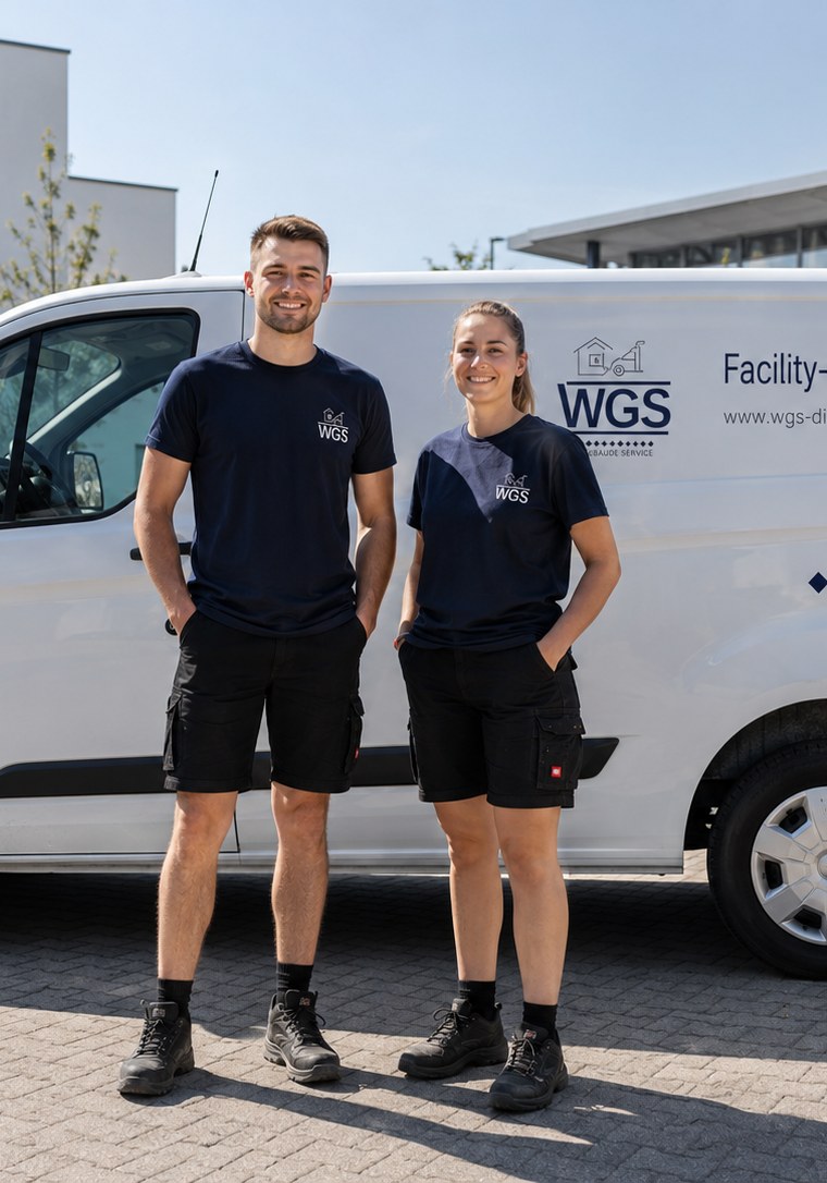 WGS Mitarbeiter vor moderner Wohnanlage