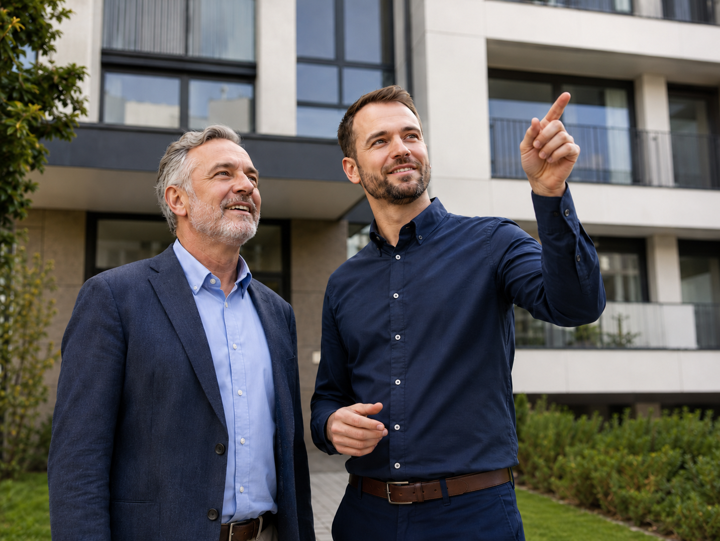 Zwei WGS-Ansprechpartner bei einer Objektbegehung vor einer modernen Wohnimmobilie